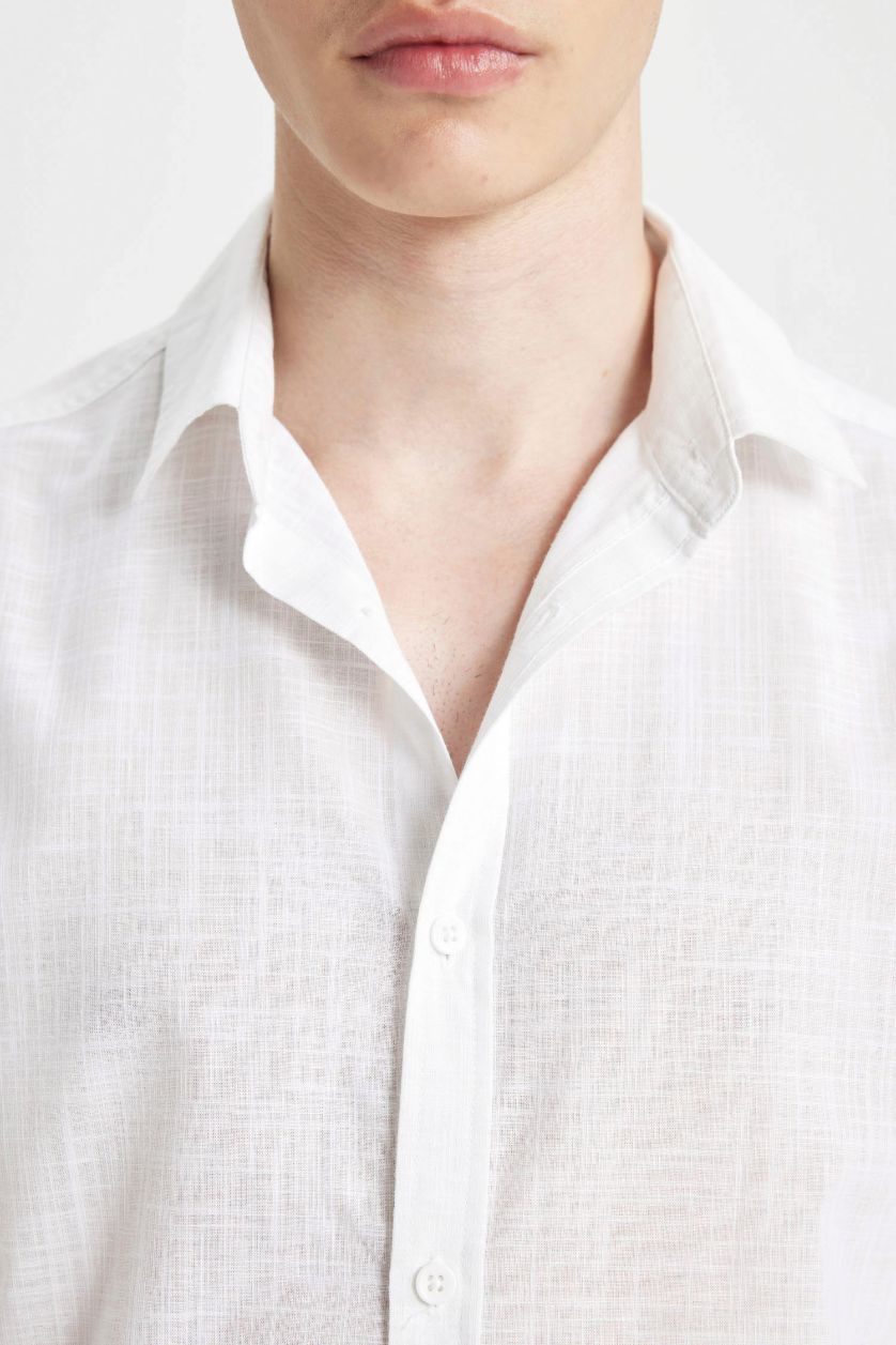 رجالي أبيض قميص كم طويل سليم فيت