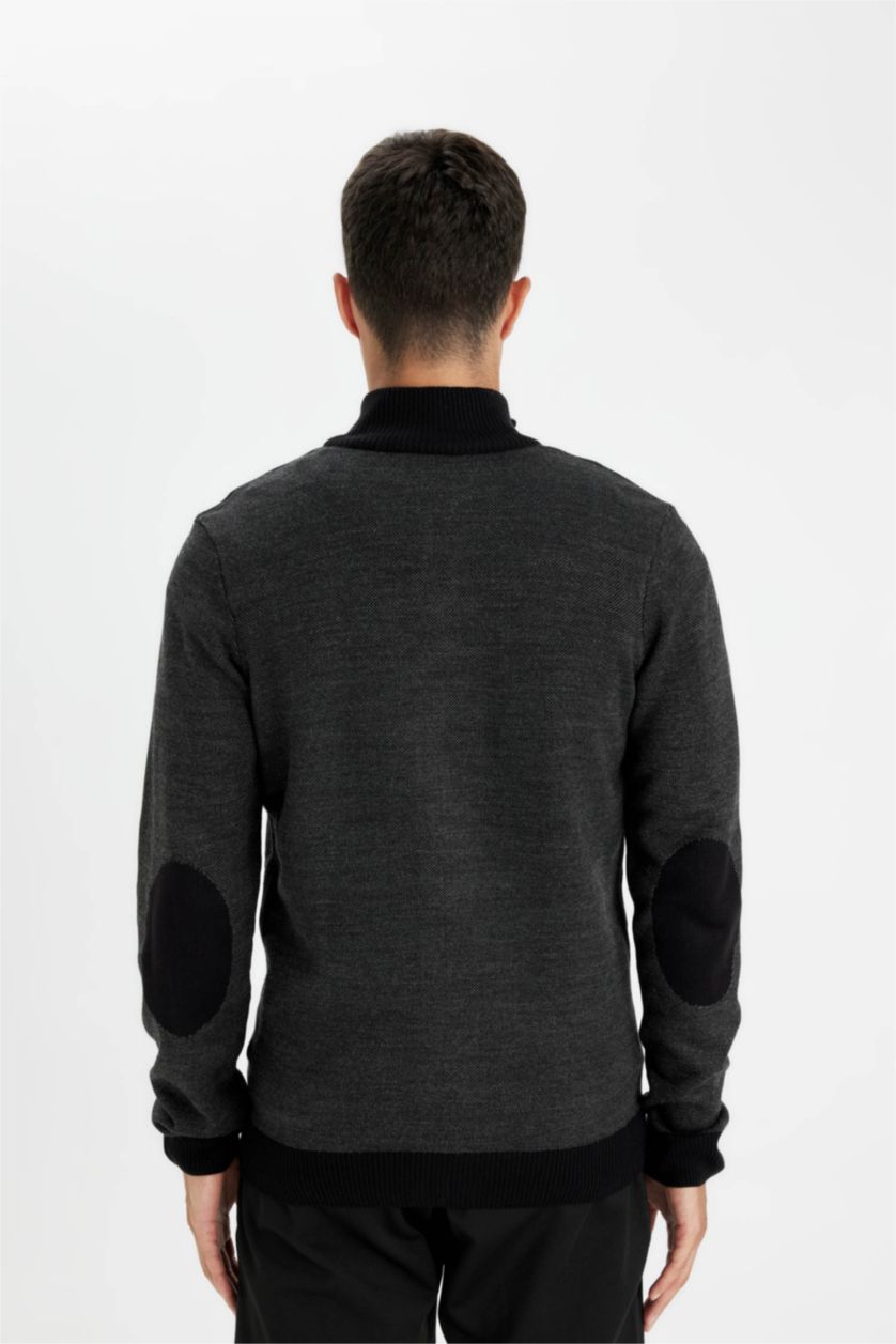 Erkek Siyah Siyah Standart Fit Normal Kesim Dik Yaka Fermuarlı Triko Hırka