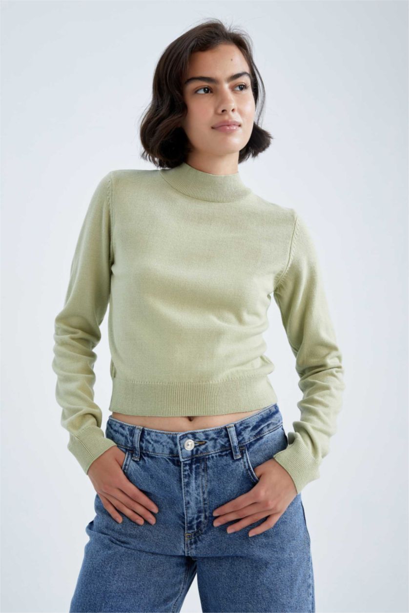 WOMAN Light Green Slim Fit Half Turtleneck Pullover