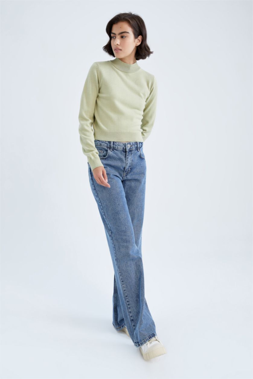 WOMAN Light Green Slim Fit Half Turtleneck Pullover