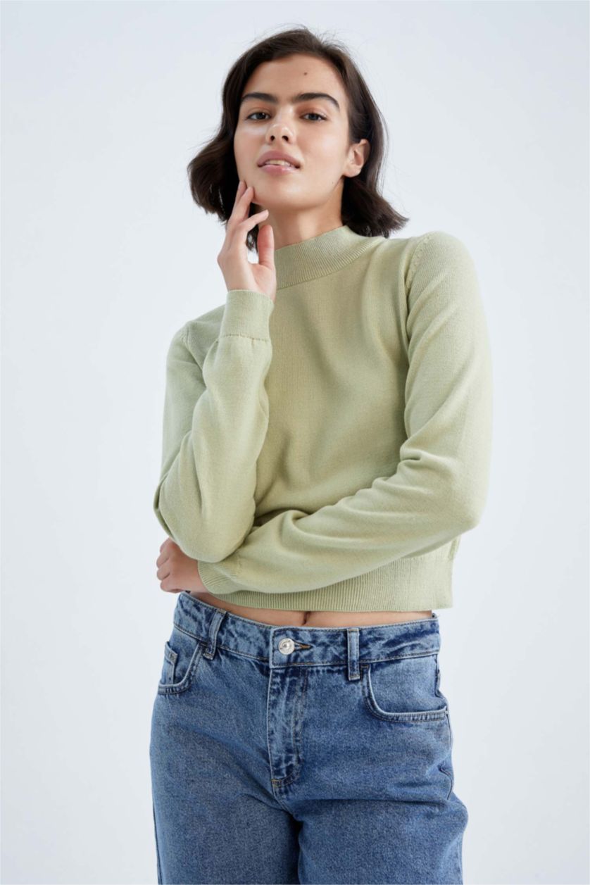 WOMAN Light Green Slim Fit Half Turtleneck Pullover