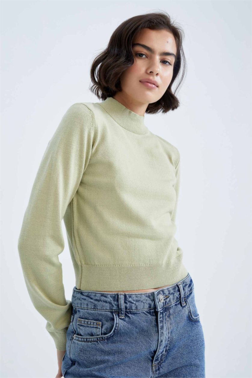 WOMAN Light Green Slim Fit Half Turtleneck Pullover