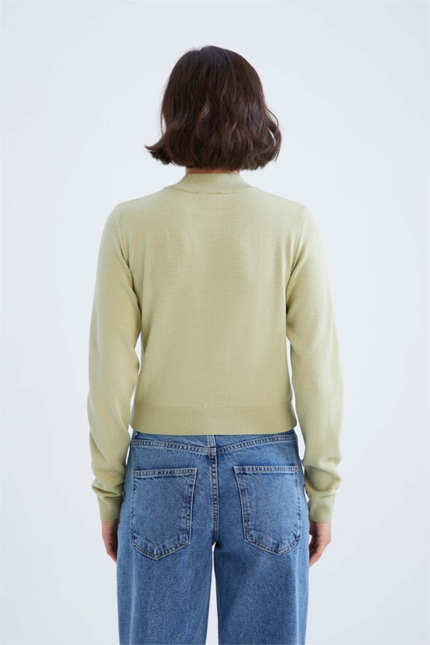 WOMAN Light Green Slim Fit Half Turtleneck Pullover