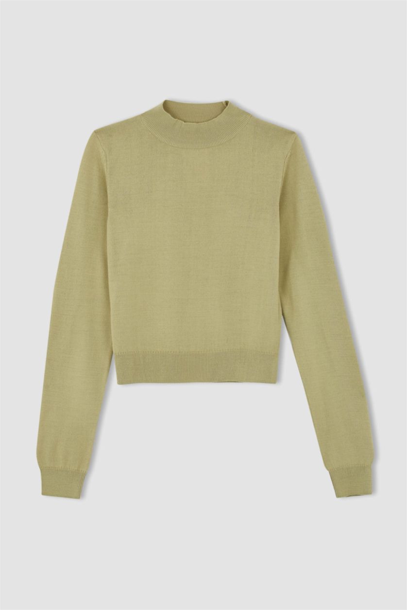 WOMAN Light Green Slim Fit Half Turtleneck Pullover
