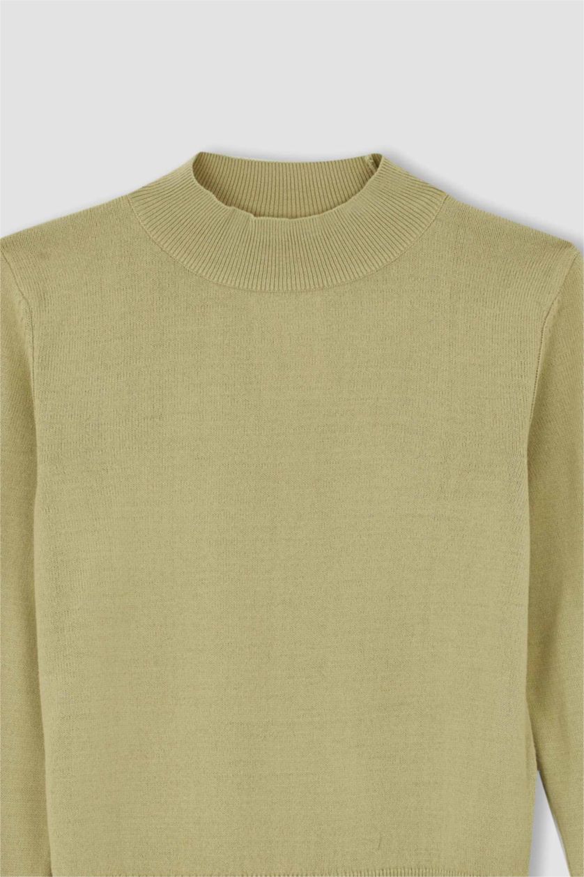 WOMAN Light Green Slim Fit Half Turtleneck Pullover
