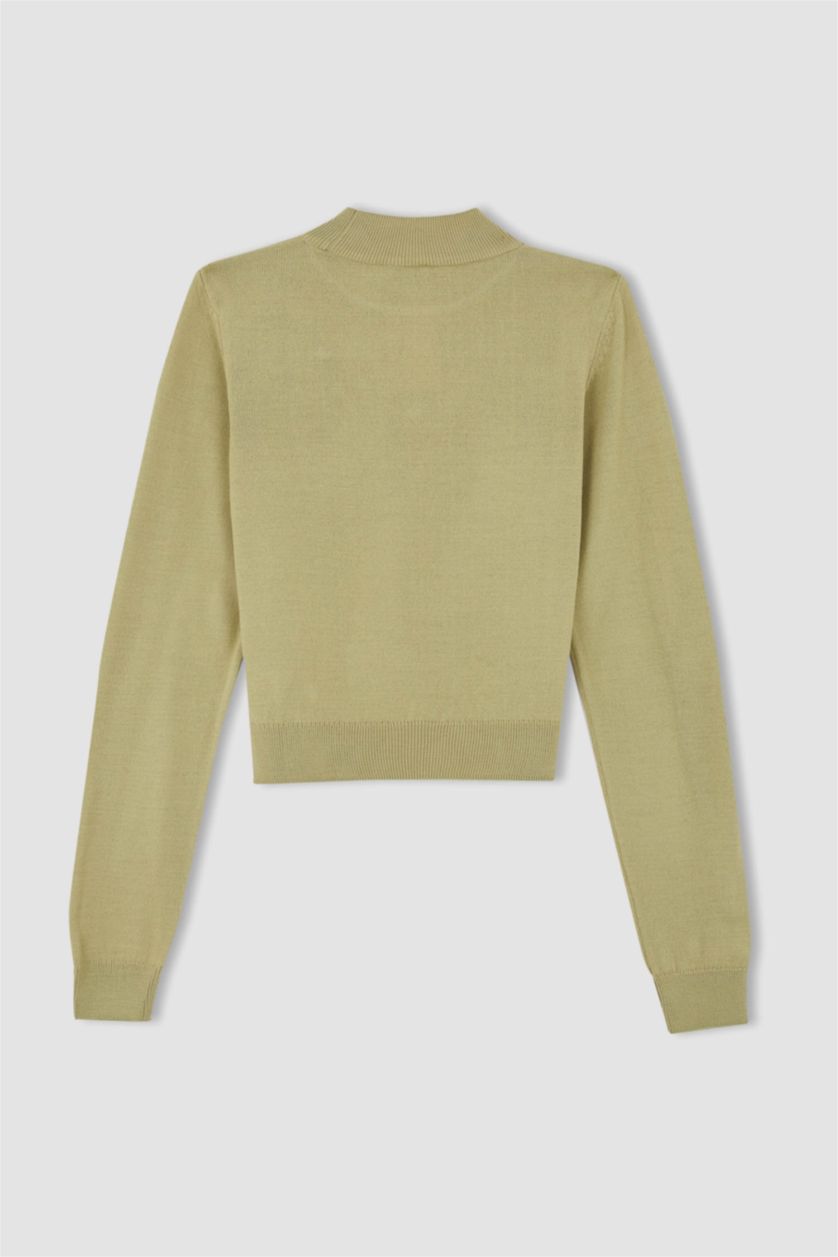 WOMAN Light Green Slim Fit Half Turtleneck Pullover