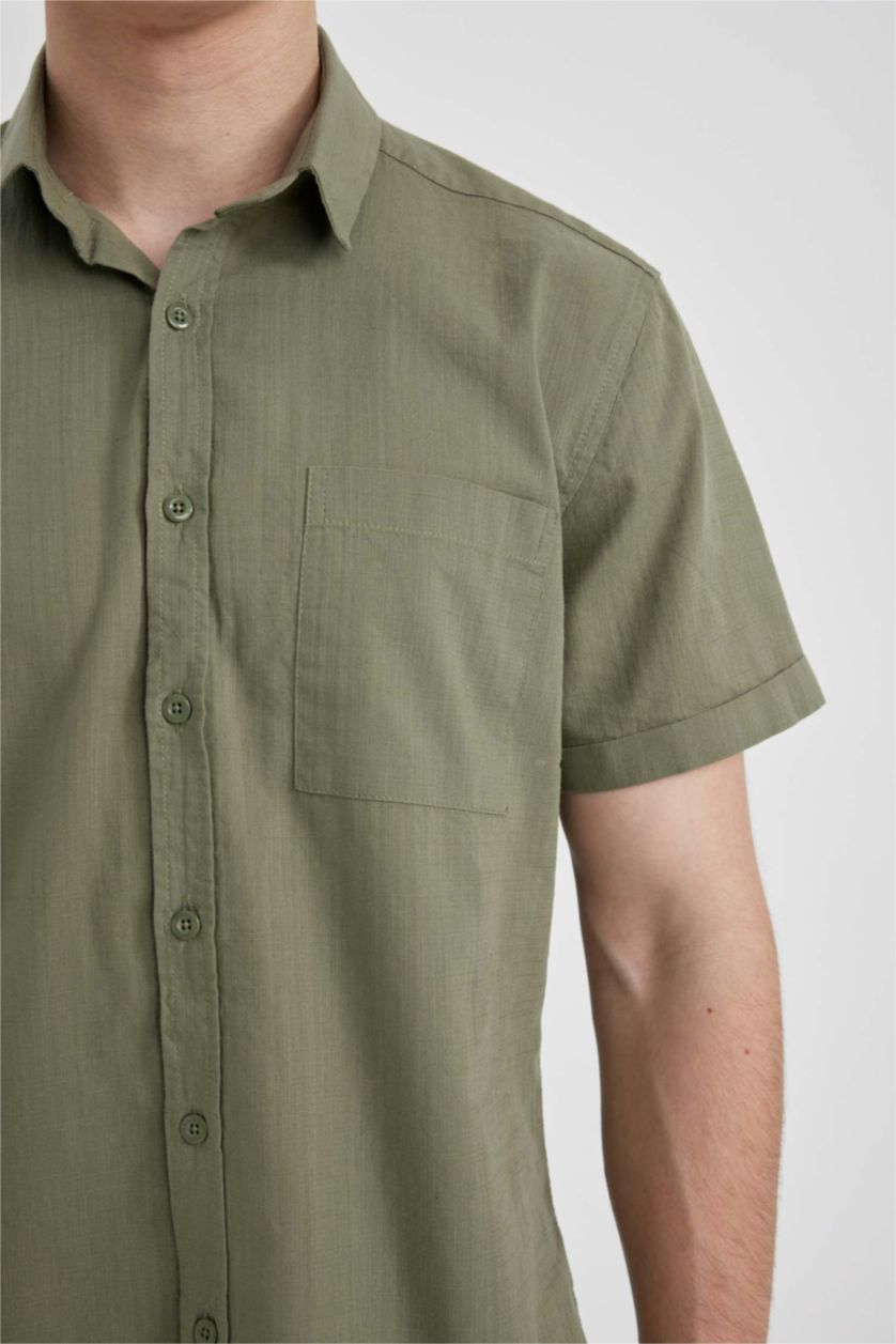 Erkek Haki %100 Pamuk Slim Fit Dar Kesim Yazlık Basic Düz Kısa Kollu Gömlek