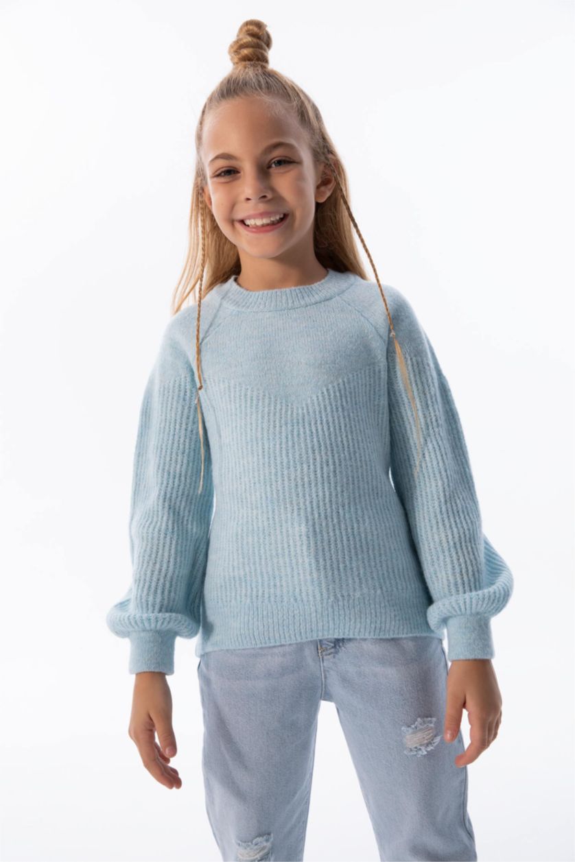 FILLES BLEU Clair Pull Tricot Col rond Fille