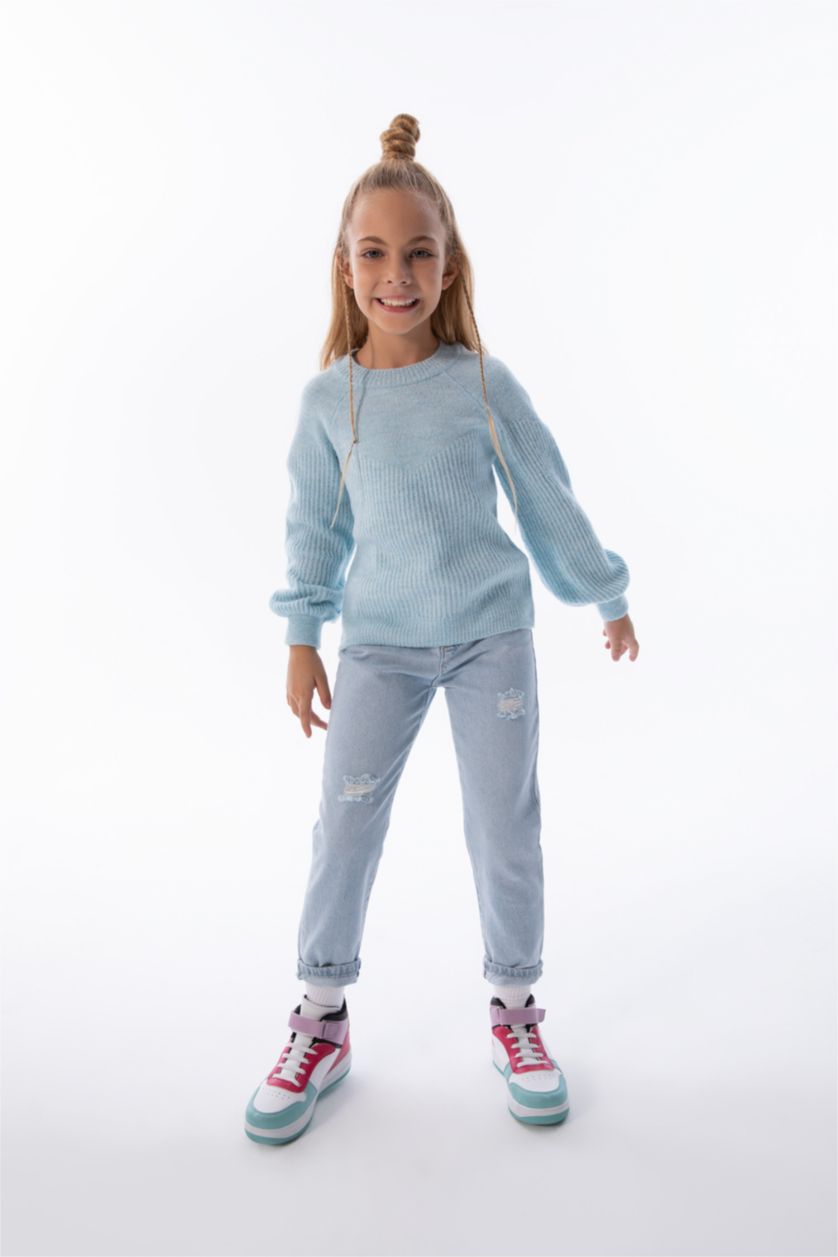 FILLES BLEU Clair Pull Tricot Col rond Fille