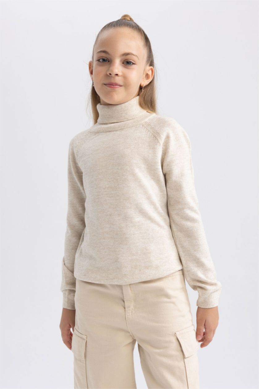 GIRLS & TEENS Beige Melange Girl Regular Fit Turtleneck Pullover