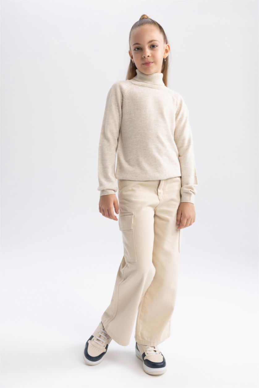 GIRLS & TEENS Beige Melange Girl Regular Fit Turtleneck Pullover