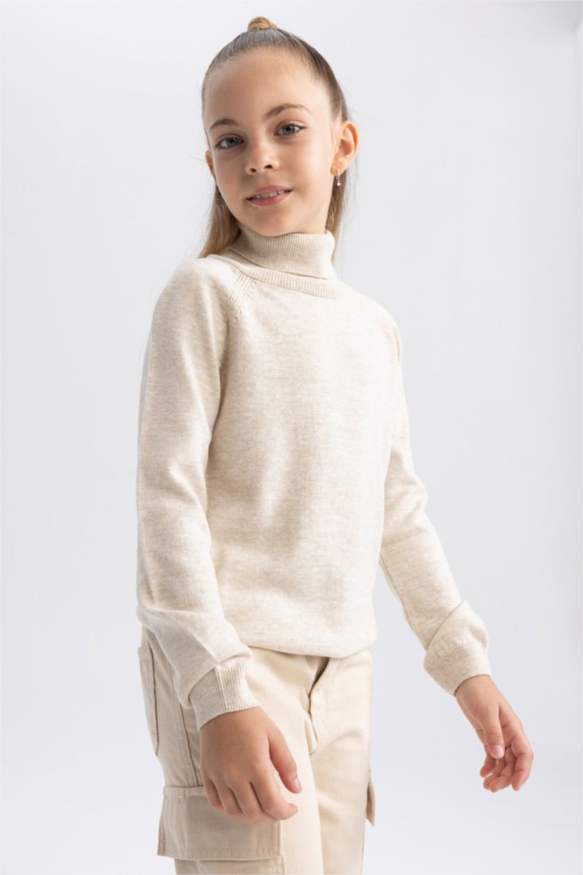GIRLS & TEENS Beige Melange Girl Regular Fit Turtleneck Pullover