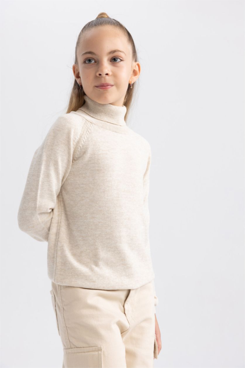 GIRLS & TEENS Beige Melange Girl Regular Fit Turtleneck Pullover