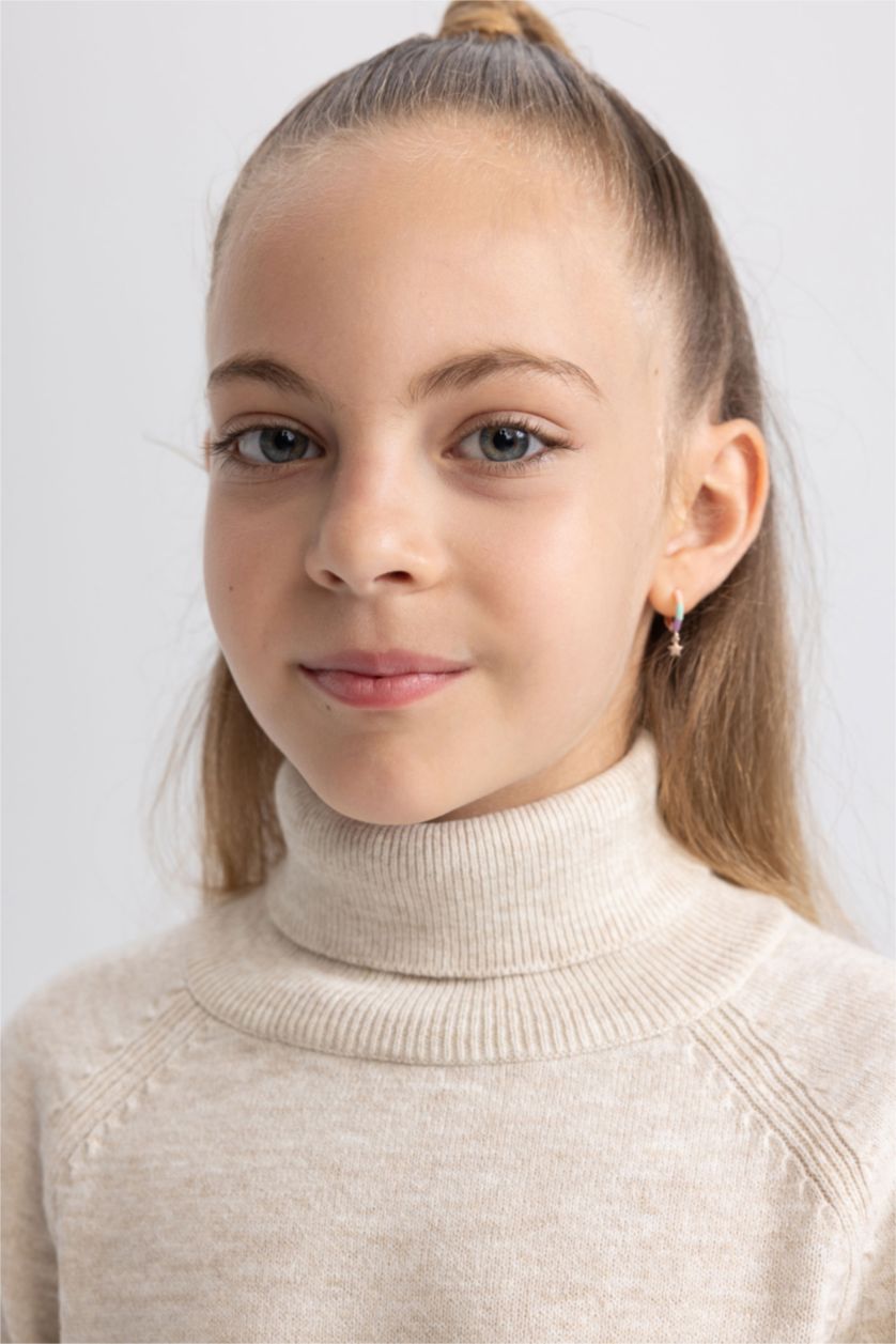 GIRLS & TEENS Beige Melange Girl Regular Fit Turtleneck Pullover
