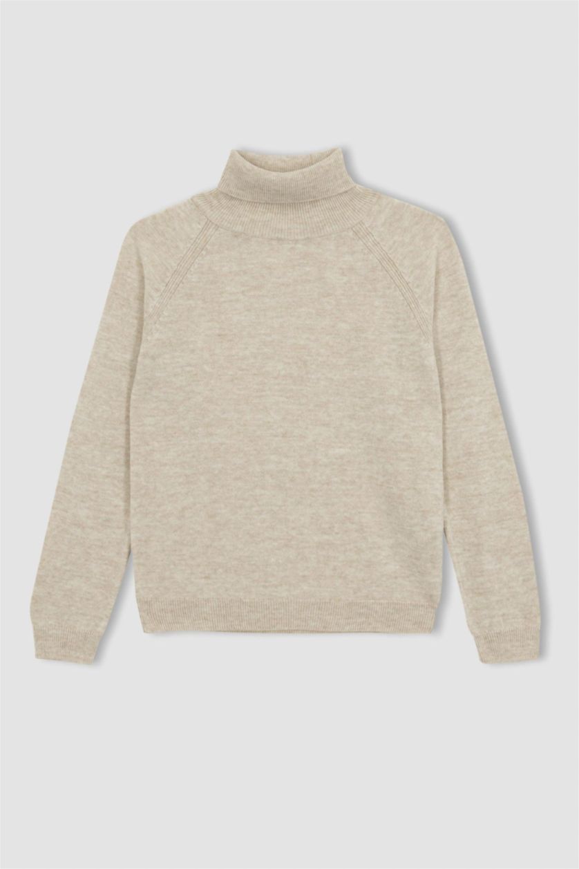 GIRLS & TEENS Beige Melange Girl Regular Fit Turtleneck Pullover