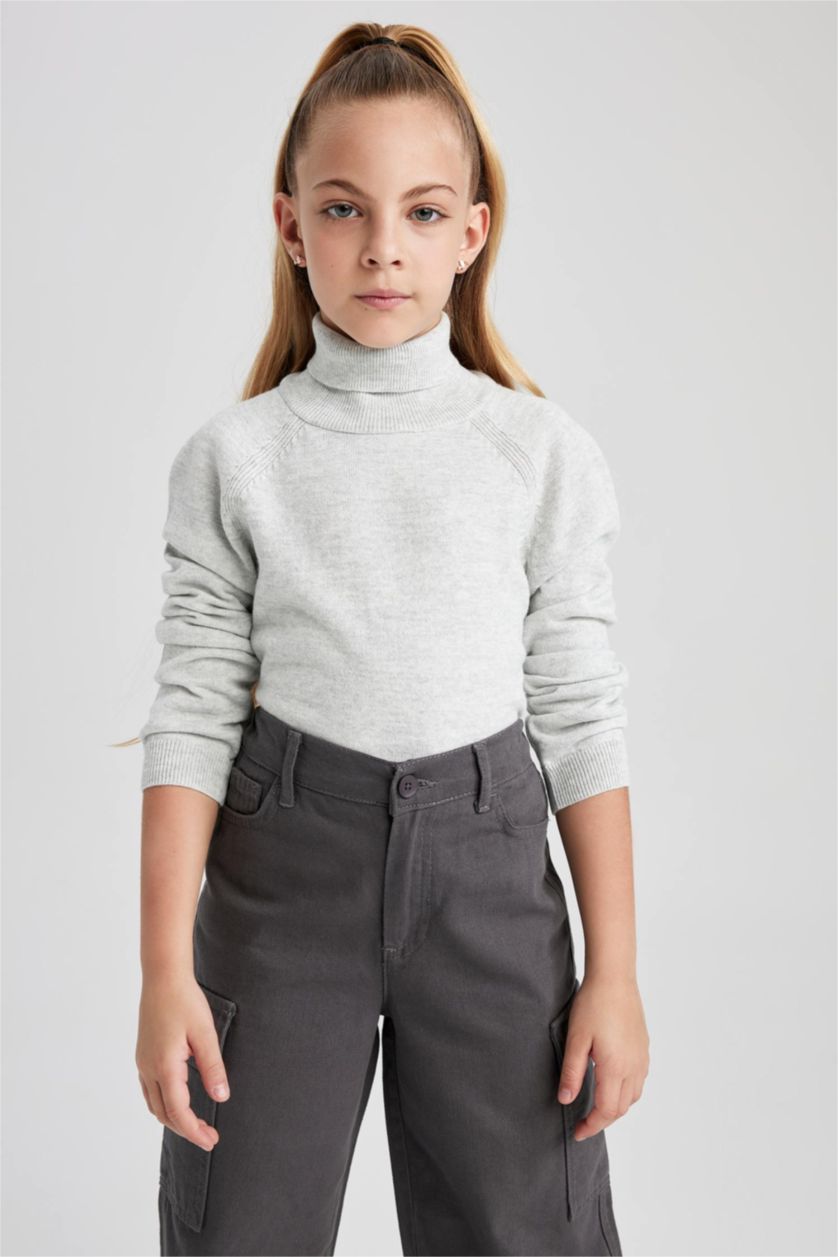 Дівчачий Світло-сірий меланж Пуловер стандартного крою з коміром стійкою для дівчаток