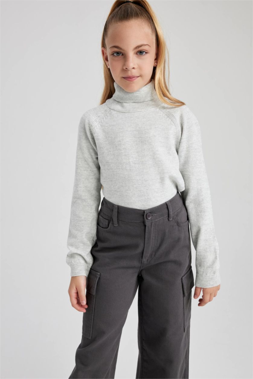 Дівчачий Світло-сірий меланж Пуловер стандартного крою з коміром стійкою для дівчаток