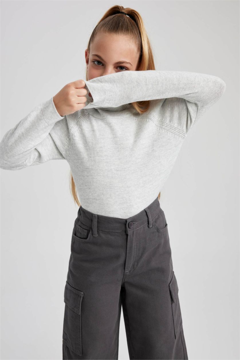 Дівчачий Світло-сірий меланж Пуловер стандартного крою з коміром стійкою для дівчаток