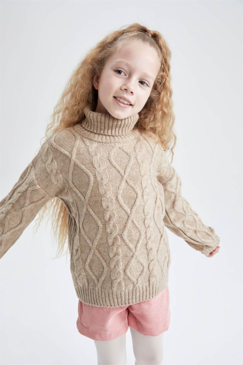 GIRLS & TEENS Beige Melange Girl Regular Fit Turtleneck Pullover
