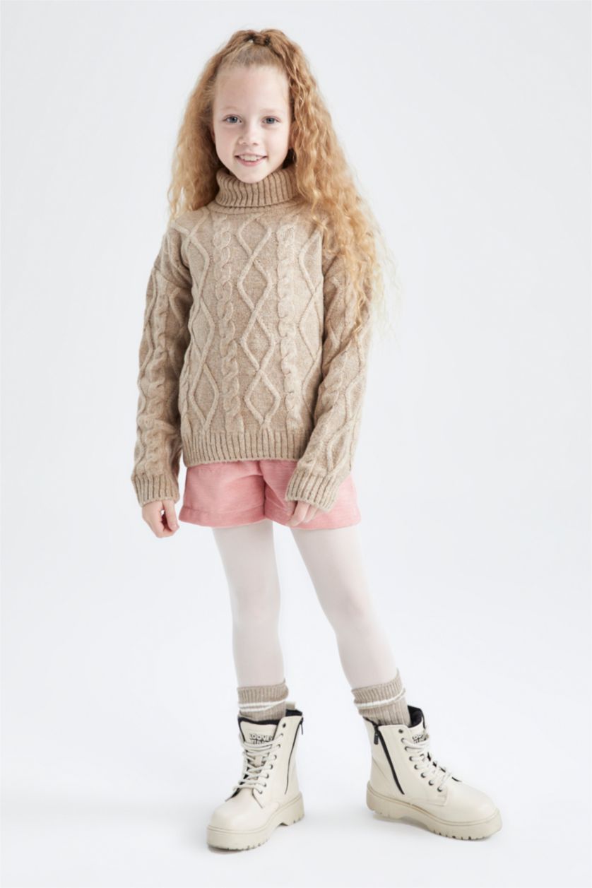 GIRLS & TEENS Beige Melange Girl Regular Fit Turtleneck Pullover