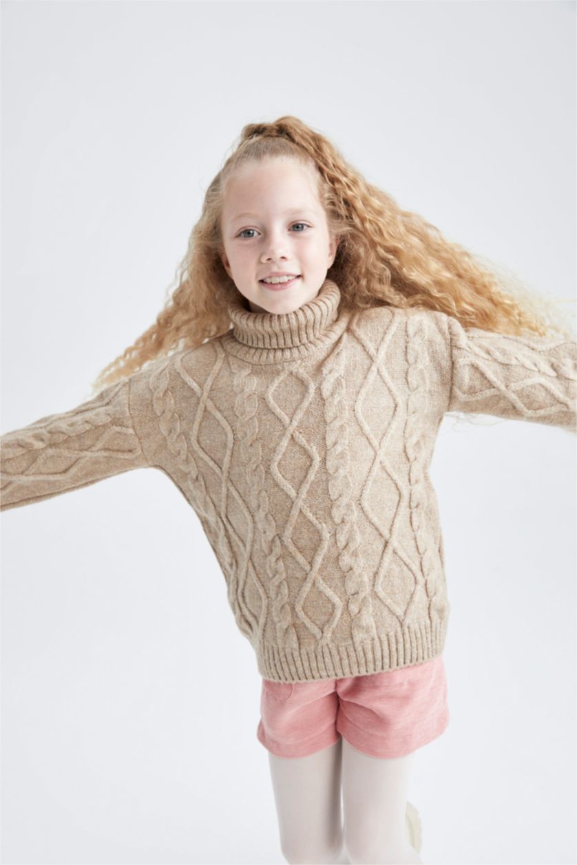 GIRLS & TEENS Beige Melange Girl Regular Fit Turtleneck Pullover