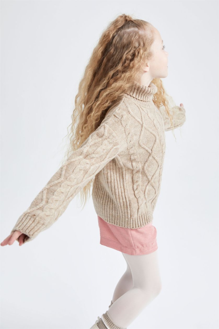 GIRLS & TEENS Beige Melange Girl Regular Fit Turtleneck Pullover