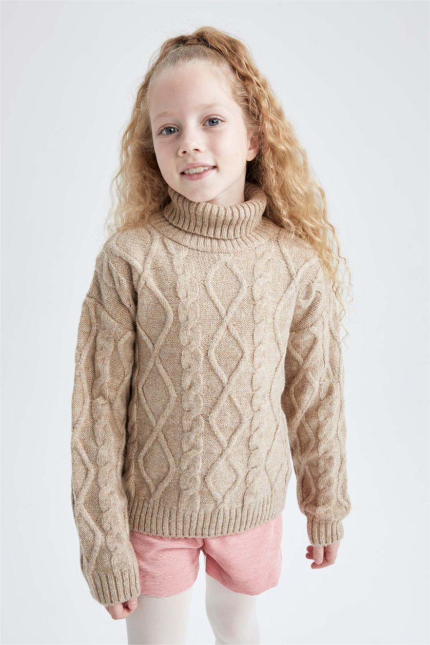 GIRLS & TEENS Beige Melange Girl Regular Fit Turtleneck Pullover