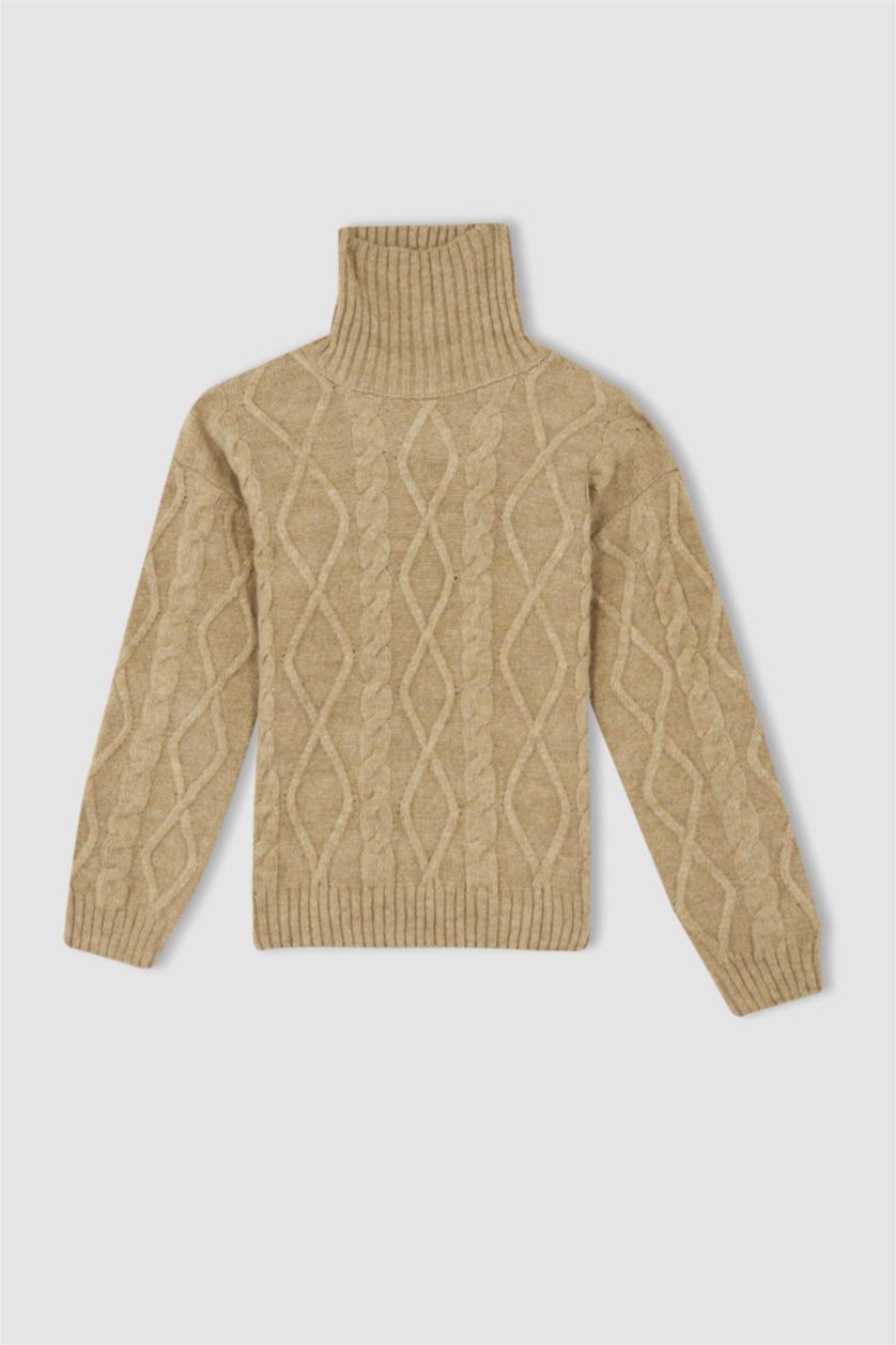 GIRLS & TEENS Beige Melange Girl Regular Fit Turtleneck Pullover