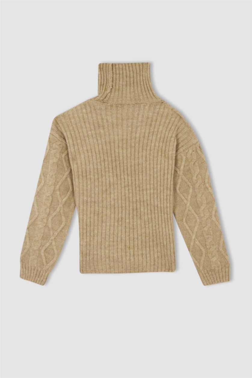 GIRLS & TEENS Beige Melange Girl Regular Fit Turtleneck Pullover