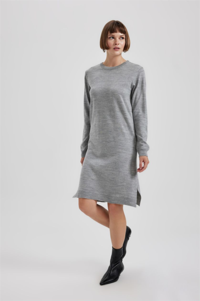 WOMAN Grey Melange Regular Fit Crew Neck Dress