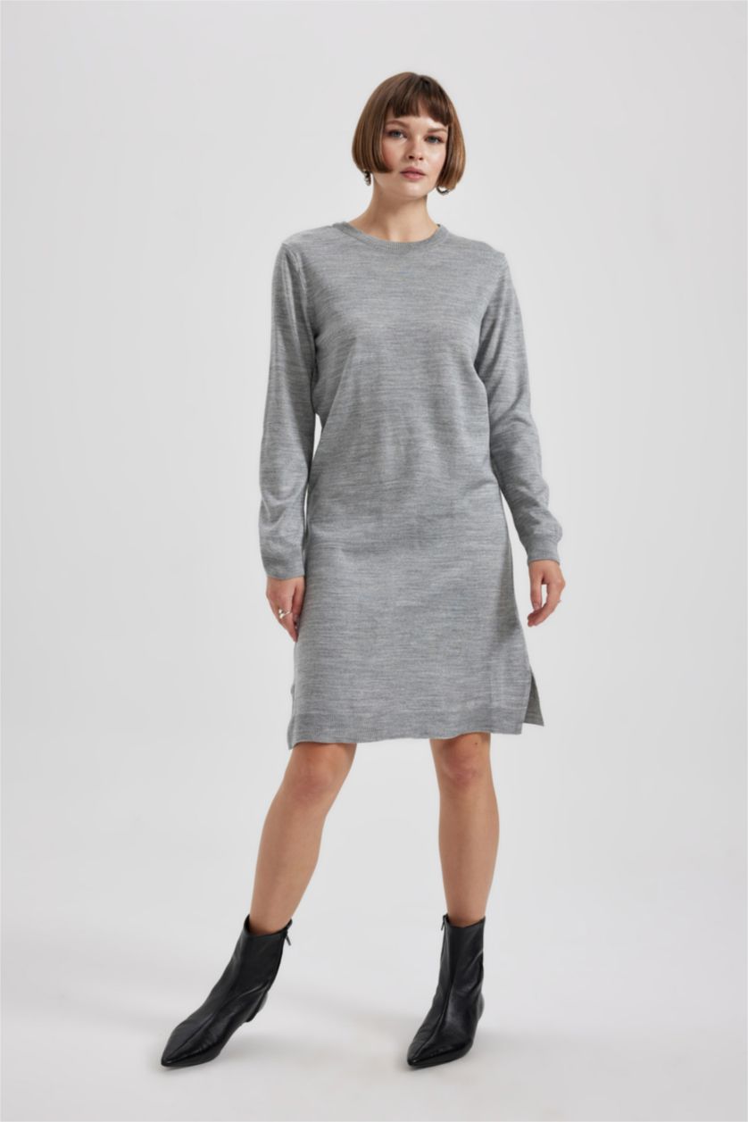 WOMAN Grey Melange Regular Fit Crew Neck Dress