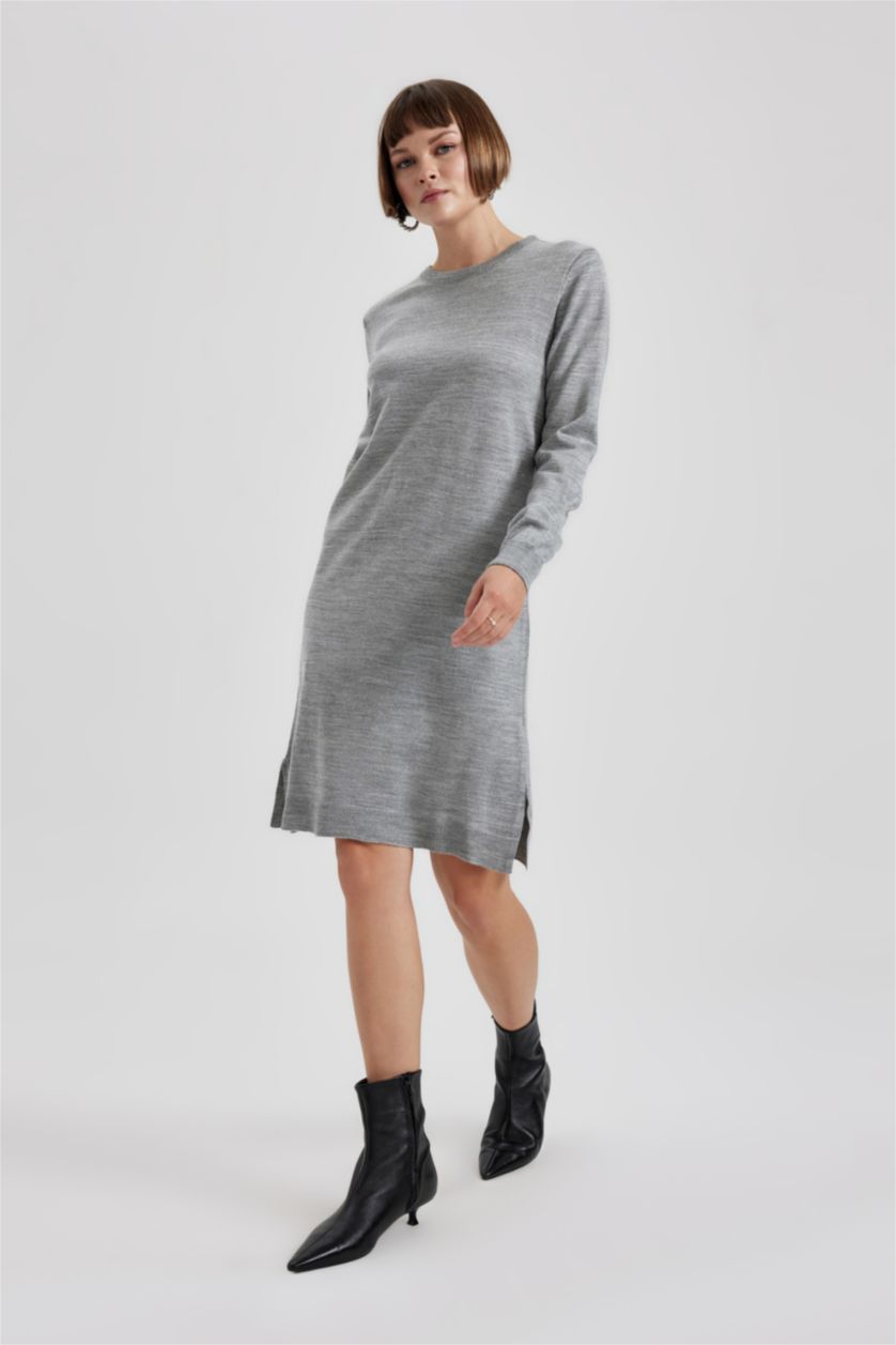 WOMAN Grey Melange Regular Fit Crew Neck Dress