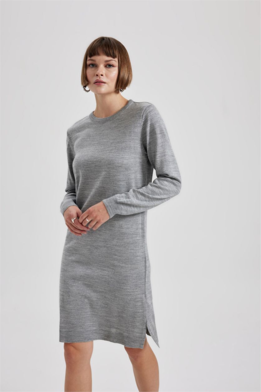 WOMAN Grey Melange Regular Fit Crew Neck Dress