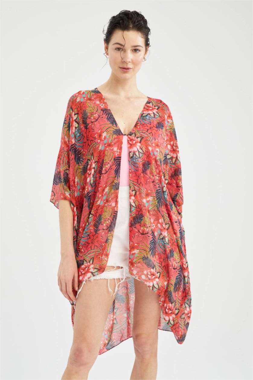 نساء زهري كيمونو صيفي بحزام مزخرف بنمط استوائي