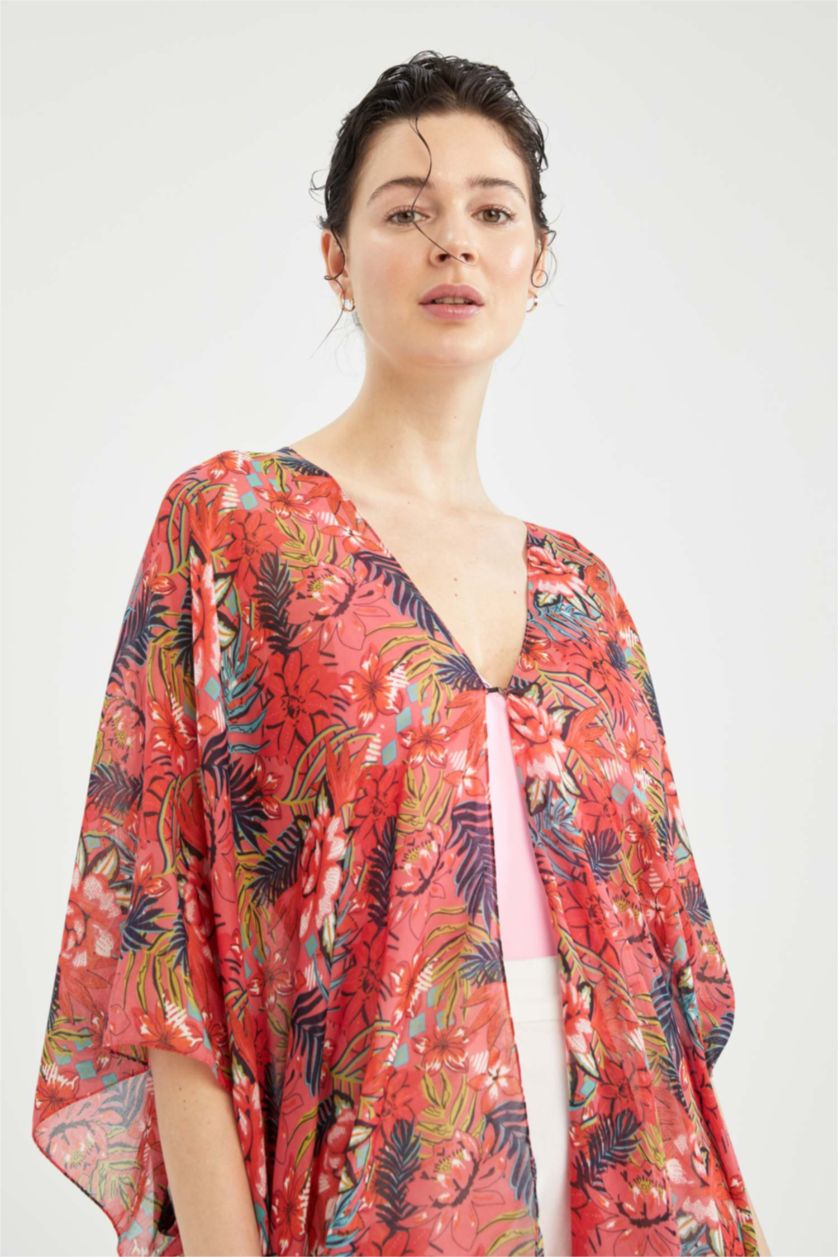 نساء زهري كيمونو صيفي بحزام مزخرف بنمط استوائي