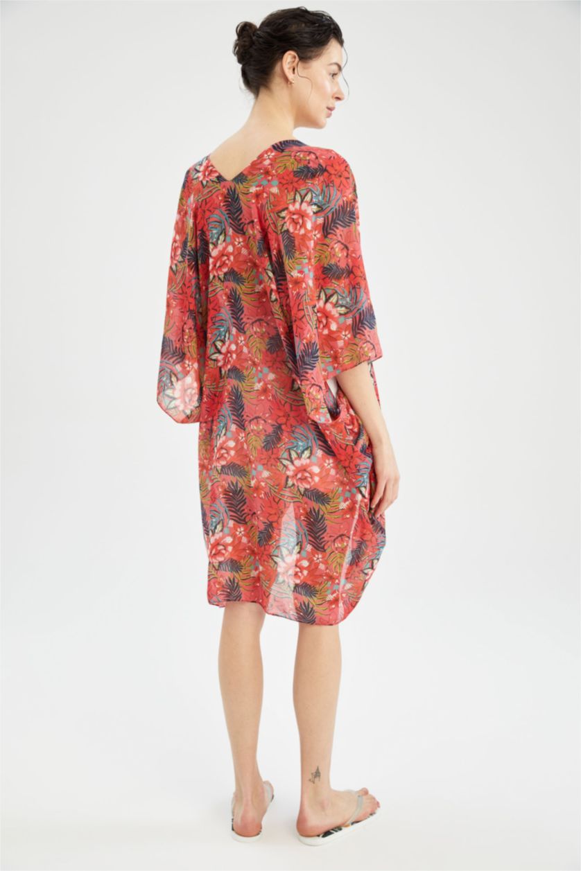 نساء زهري كيمونو صيفي بحزام مزخرف بنمط استوائي