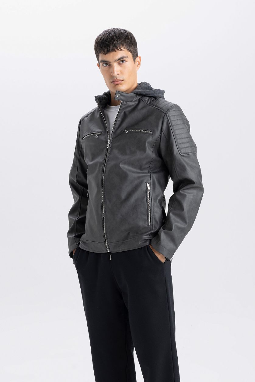 Erkek Koyu Antrasit Su İtici Slim Fit Dar Kesim Çıkarılabilir Kapüşonlu Fermuarlı Cepli Suni Deri Ceket Mont