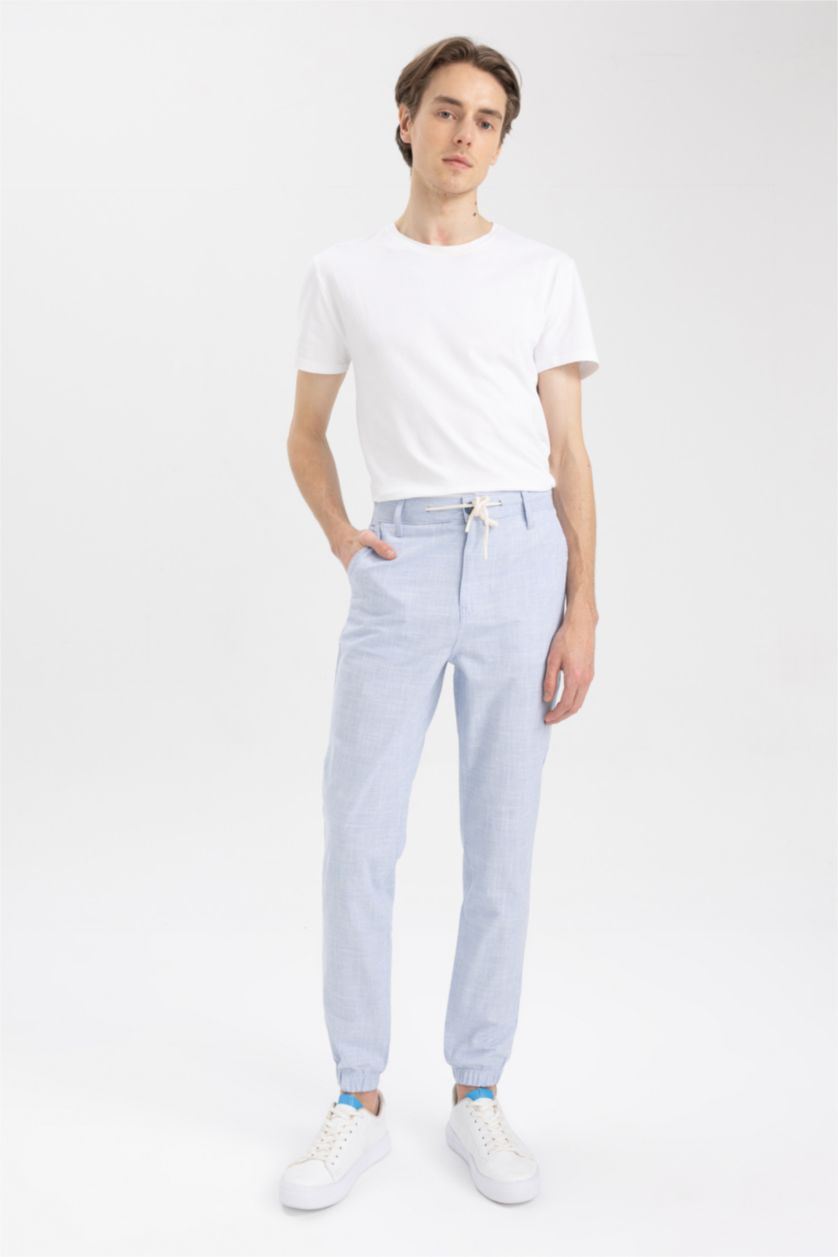 MAN Blue Melange Linen Look Summer Jogger Trousers with Waist Lace