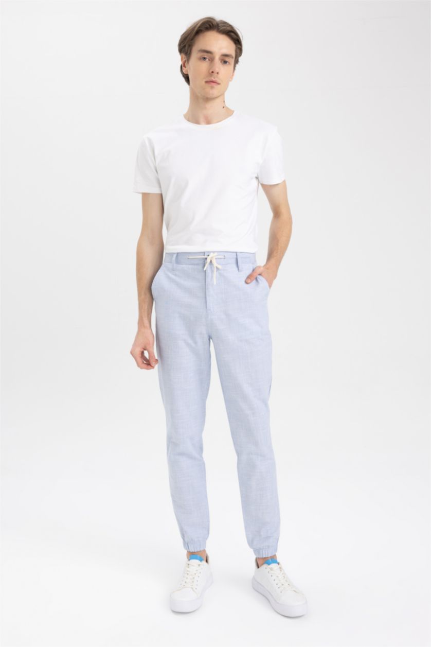 MAN Blue Melange Linen Look Summer Jogger Trousers with Waist Lace