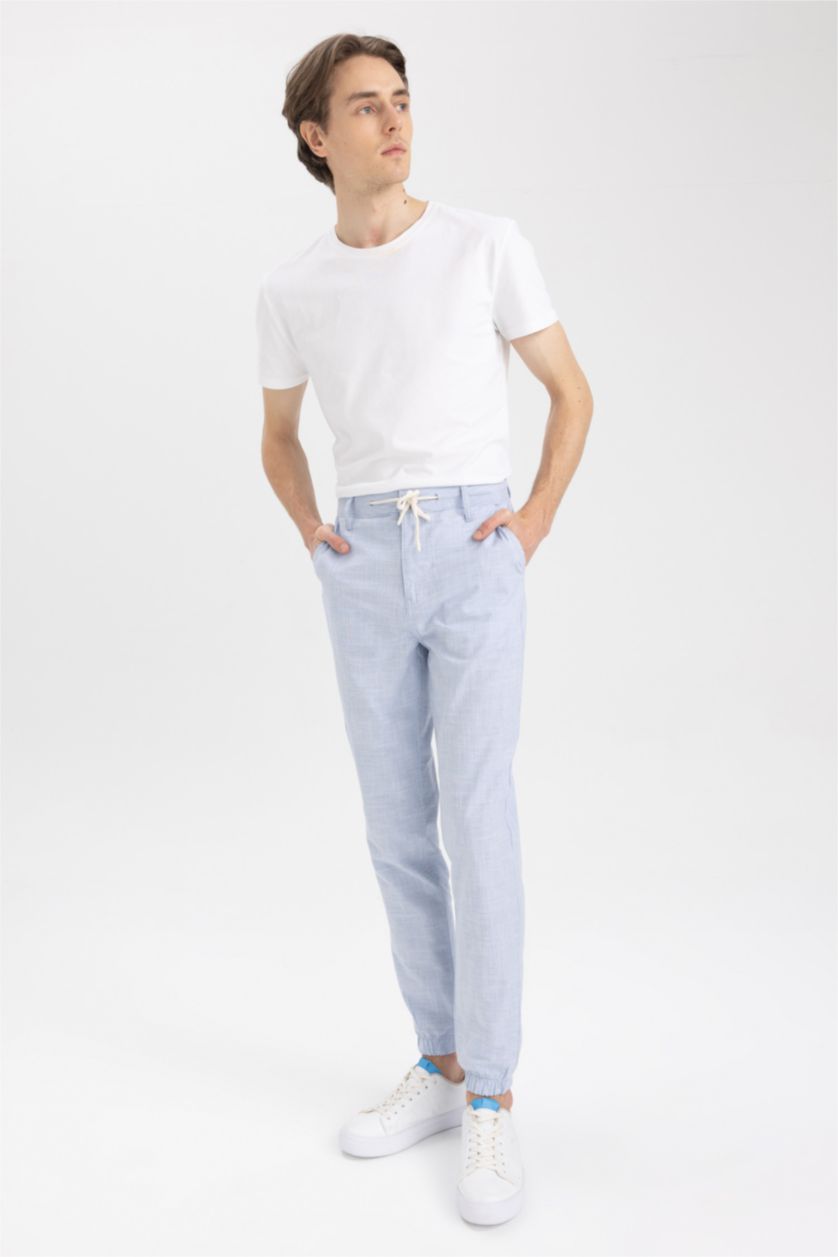 MAN Blue Melange Linen Look Summer Jogger Trousers with Waist Lace