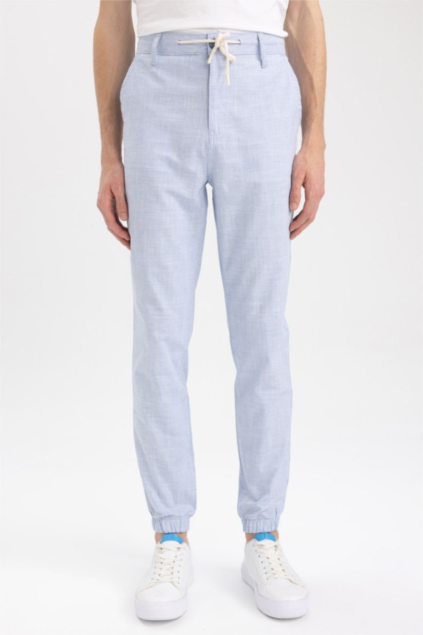 MAN Blue Melange Linen Look Summer Jogger Trousers with Waist Lace