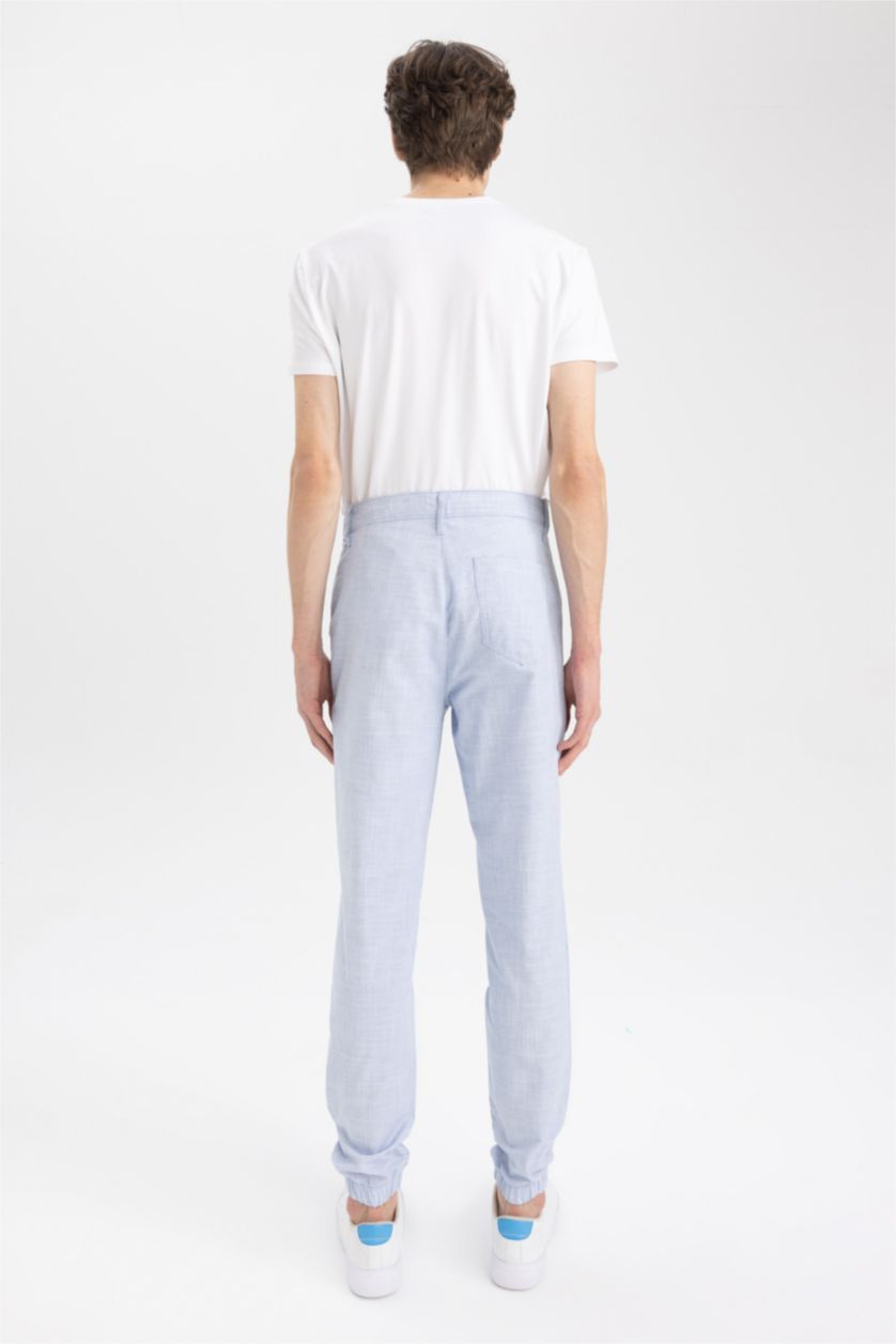 MAN Blue Melange Linen Look Summer Jogger Trousers with Waist Lace