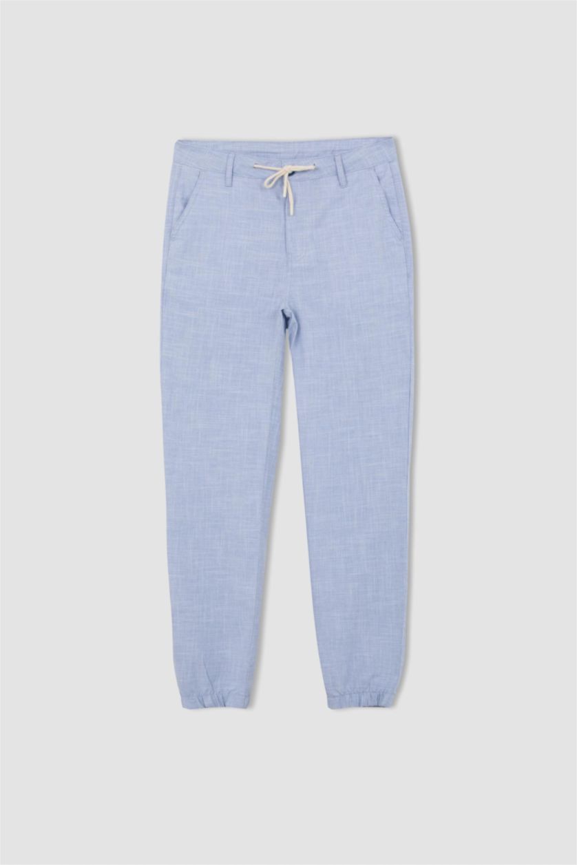 MAN Blue Melange Linen Look Summer Jogger Trousers with Waist Lace