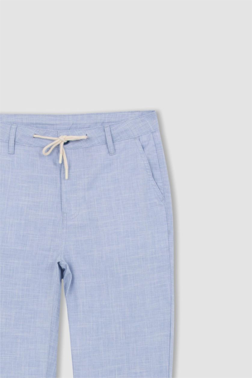 MAN Blue Melange Linen Look Summer Jogger Trousers with Waist Lace