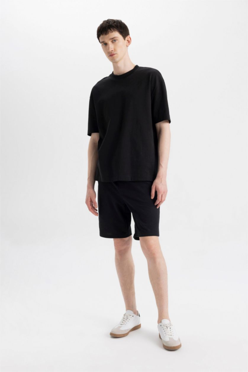 Erkek Siyah Regular Fıt Sweatshirt Kumaşı Şort