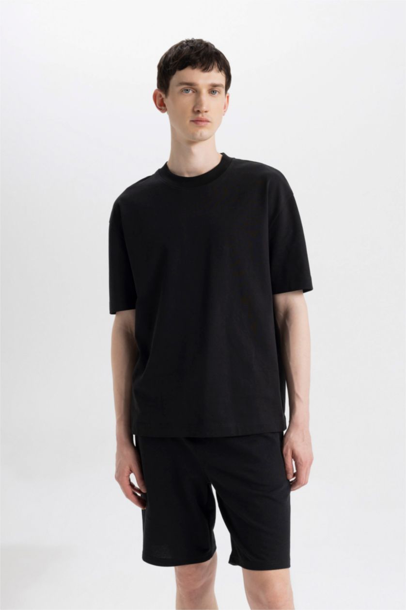 Erkek Siyah Regular Fıt Sweatshirt Kumaşı Şort