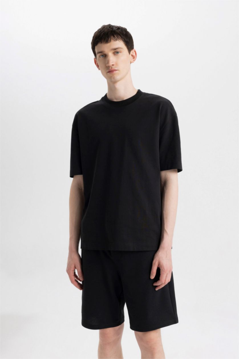 Erkek Siyah Regular Fıt Sweatshirt Kumaşı Şort