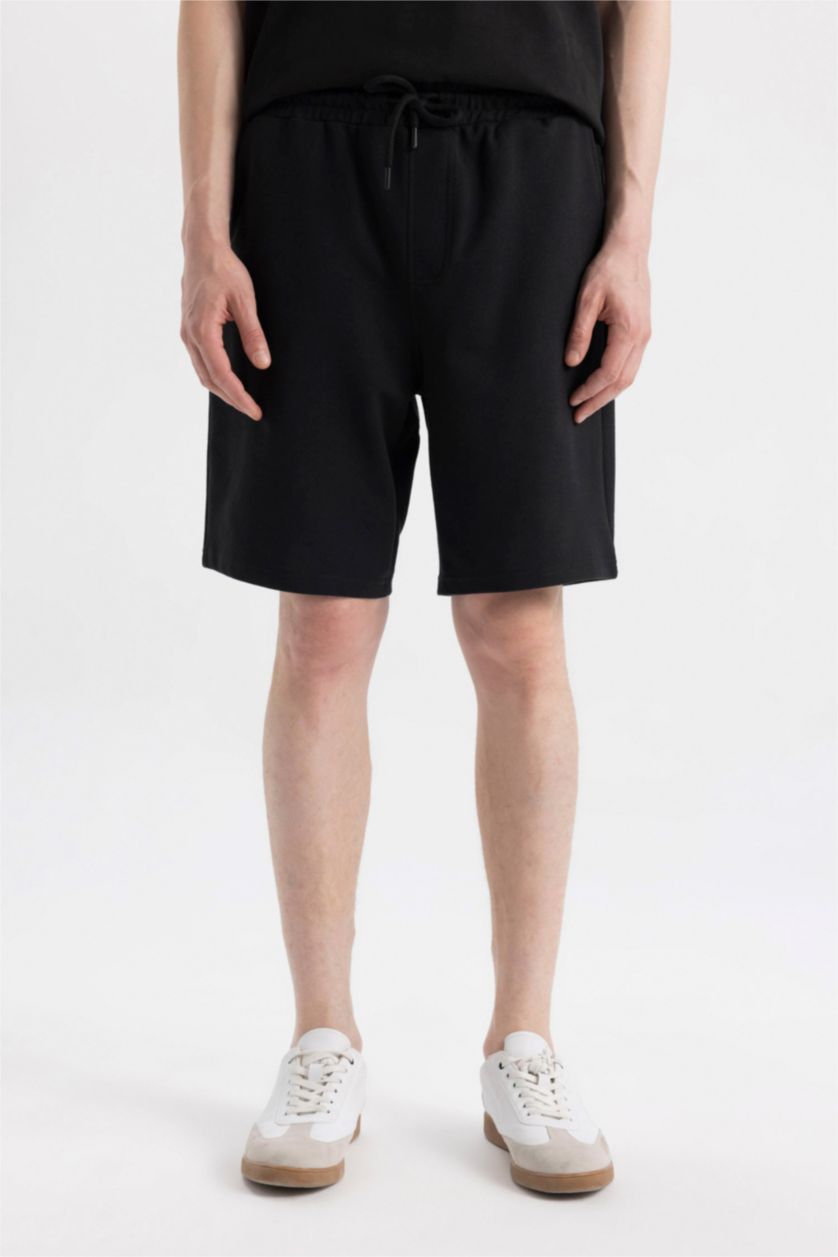 Erkek Siyah Regular Fıt Sweatshirt Kumaşı Şort