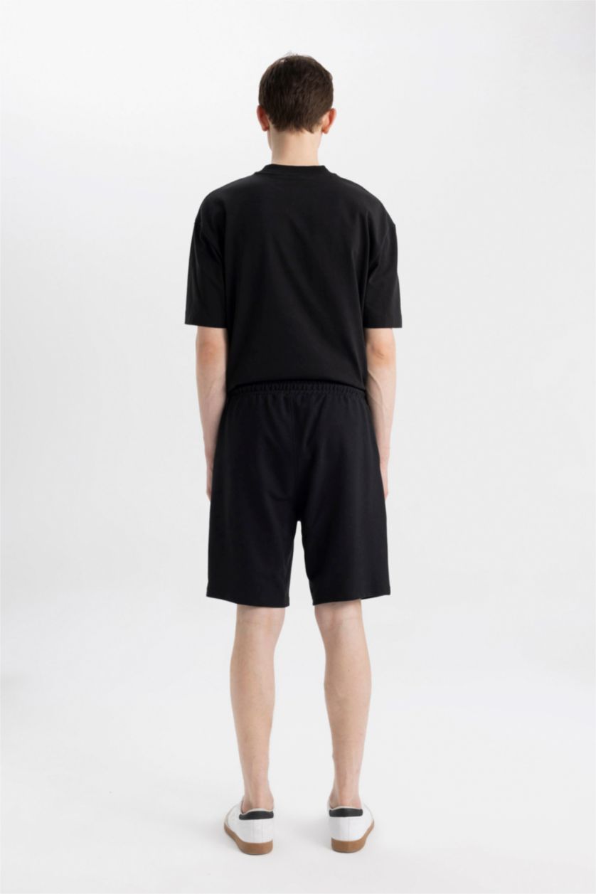Erkek Siyah Regular Fıt Sweatshirt Kumaşı Şort