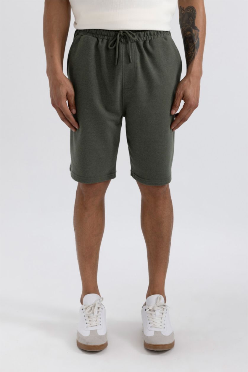 Erkek Haki Melanj Slim Fit Dar Kesim Cepli Basic Düz Şort